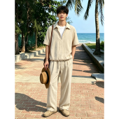 OUMULONG | Fake Two Pieces Flax Linen Summer Breathable Cotton Linen Shirt and Pants Set
