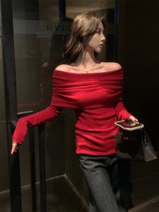 BINKAFENNY | เสื้อถักผ้าขนสัตว์สีแดงเซ็กซี่สำหรับผู้หญิงในฤดูใบไม้ร่วง เสื้อแขนยาวคลุมไหล่แบบเข้ารูป ทรงสลิมฟิต เสื้อชั้นในสุดเก๋ไก๋