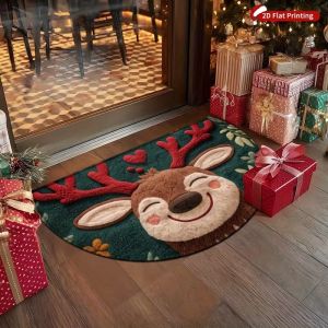 VIKAMA Christmas Reindeer Semi-Circular Floor Mat Soft Anti-Slip Entry Rug Bathroom Decorative Floor Mat Home Decoration