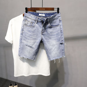 Trendy Distressed Denim Shorts Mens Summer Jeans Light Color Popular Youth Five-Quarter Length 2025 New Arrival Shorts