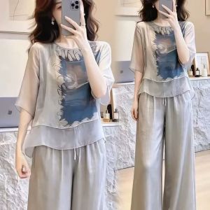 HUAXUNRAN | Summer New Fashion Chinese Style Large Size Rejuvenating Outfit Top and Wide Leg Pants Set