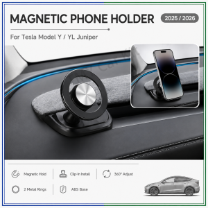 Magnetic Phone Holder for Tesla Model Y / YL Juniper 2025 / 2026. Magnetic Hold. Clip-In Install. 360° Adjust. 2 Metal Rings. ABS Base.