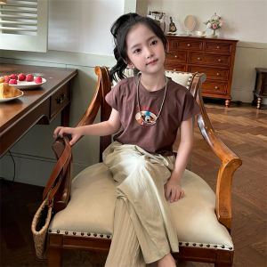 Korean Style Short Sleeve T-Shirt for Girls Cartoon Print Fashionable Childrens Top Summer New Arrival Sweat Absorbent round Neck
