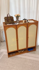 Wooden Shoe Cabinet Bamboo Shoe Cabinet Rattan Door Shelf Rack Organizer Heavy Duty Space Savers