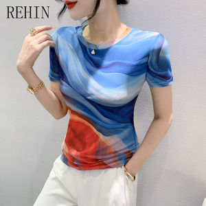 REHIN เสื้อยืดคอกลมแขนสั้นพิมพ์ลายตาข่ายฤดูร้อนแฟชั่นผู้หญิงเสื้ออินเทรนด์กระชับสัดส่วน