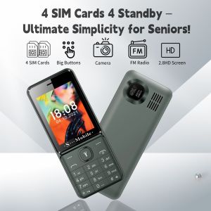 Unlocked 4 Quad Sim Senior Phone 2.8" Big Display Durable Quick Dial Flashlight Large Button Loud Voice Slim Elderly Cellphone