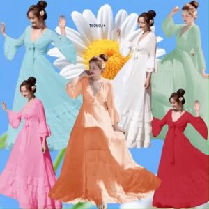 P15069 แม็กซี่เดรสแขนระฆัง อกผูกโบว์