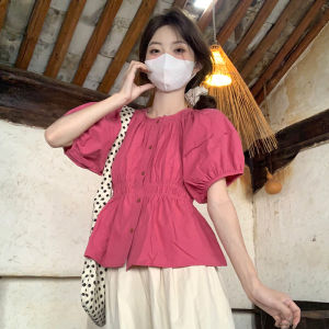 French Style Sweet Short Sleeve Waist-Cinching Shirt Womens Small Size Bubble Sleeve Pinkish Red Top for Young Women