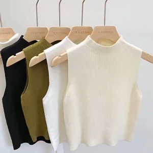 MUSASI Half-turtleneck Knitted Vest Sleeveless Slimming Tank Top Fashion Solid Color Cropped Top Women