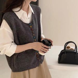 Retro Stylish Rainbow Button Knit Sleeveless Sweater