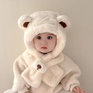Winter Thicken Warm Baby Hat Scarf One Piece Cute Bear Plush Infant Boy Girl Ear Protection Hats Kids Windproof Earmuff Caps