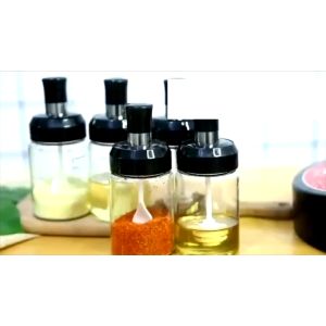 (Nắp đen)Hũ Đựng Gia Vị Thủy Tinh Kèm Thìa Thông Minh-ESTLA