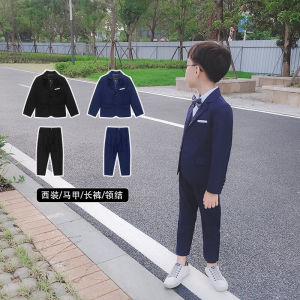 ชุดเด็กผู้ชายชุดฤดูใบไม้ผลิและฤดูใบไม้ร่วงเสื้อเบลเซอร์สำหรับเด็กเสื้อสูทสไตล์อังกฤษสุดหล่อชุดออกงานเด็กลายดอกไม้สามชิ้นสไตล์ตะวันตก