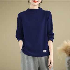 Áo Thun Cotton Dài Tay Cổ Cao Cho Nữ Mùa Xuân Thu Đa Năng Che Bụng Cỡ Lớn Thời Trang Trẻ Trung Áo Lót Cơ Bản
