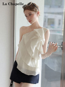 La Chapelle | Flared Hem Ruffle Sleeveless Asymmetric Neck Top for Petite Slimming
