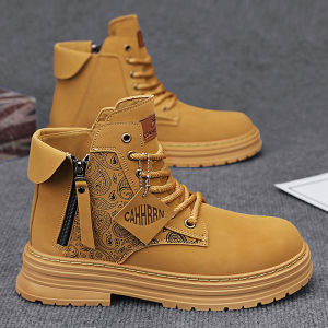 Mens Winter High-Top Thick-Heeled Genuine Leather Workwear Short Boots Retro Brown Desert Warfare Yellow Boots Martin Boots