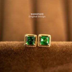 Retro Square Emerald Gemstone Earrings for Women Pure Silver Gold Plated Diamond Embedded Sugarloaf Fashionable Jewelry Gift