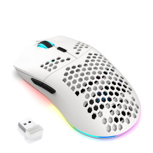 เมาส์เกมมิ่งไร้สายพร้อมไฟ RGB แบตเตอรี่แบบชาร์จได้ ดีไซน์รังผึ้ง 2.4G USB Plug & Play ออกแบบเพื่อความสะดวกสบายสำหรับมือขวา