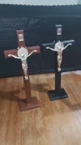 Elegant St. Benedict Medal Cross Decorative Accessory 15 1/2 Inches - High-Quality Home Décor/ 15.5 Inch Catholic Solid Wood Cross with Stand Elegant Crucifix for Home Church Choco Brown Black