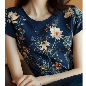 Unique Fashionable Blue Floral Print round Neck Short Sleeve T-Shirt Womens Summer Style Elegant Slimming Concealing Top