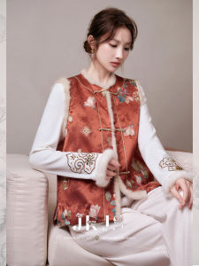 JK&JS | New Chinese Style Embroidered Red Waistcoat Womens Winter Outerwear