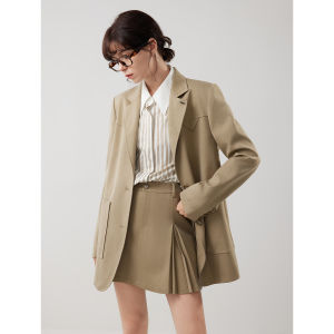 ELLE Khaki Woolen Suit Jacket Womens Autumn New Style Elegant Style Commute Style Long Sleeve Single Button Closure Coat