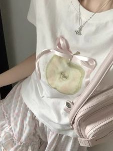Áo Thun Cotton Tay Ngắn in Hình Quả Táo Màu Trắng Cho Nữ Mùa Hè Áo Thun Cổ Tròn Ôm Vừa Vặn Mặc Đi Làm Mặc Đi Chơi