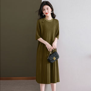 plus Size Summer Ice Silk Dress Thin Loose Belly Covering Mid-Length Short-Sleeve Womens Clothing Comfortable A-Line Gown