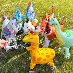 Cartoon Animal Walking Balloons with Wheels Aluminum Foil Decorative Toys for Children Outdoor Activities Photography Props