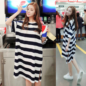 Modal Lazy Womens Dress T-Shirt Summer Loose Striped Short Sleeve Korean Style Commute Casual round Neck Daily Wear