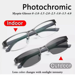 Half-frame Myopia Glasses Photochromic Turn Gray Men Business Glasses 0 ~ -4.0 Lightweight Blue Light Blocking Glasses