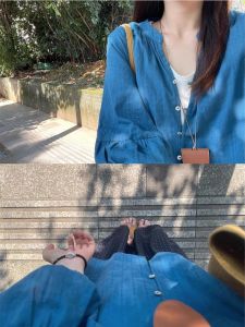 Loose Womens Blue V-Neck Lantern Sleeve Sunscreen Shirt Outerwear Winter Lazy Style High-End Feeling Top Quality Casual Shirt