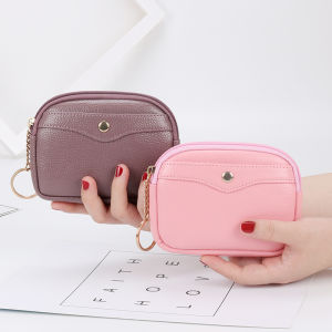 Korean Women Coin Purse Shell Small Wallet Simple Solid Card Holder Soft Leather Key Case Mini Clutch Zipper Coin Bag (Pink/Purple/Black/Oak Red/Red)