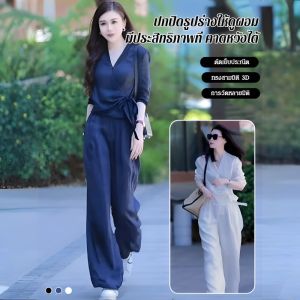 ชุดเซ็ตเสื้อเชิ้ตและกางเกงขากว้างเอวสูงผ้าฝ้ายผ้าลินิน เนคไทคอวีผ้าลินินหลวมสบาย ๆ ระบายอากาศได้ดี