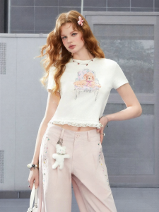 Unifree | Short Sleeve Loose Lace Trimmed T-Shirt