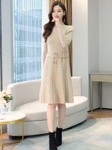 Đầm Len Chân Váy Chấm Bi Dây Rút Eo Cao Cấp - GK House 28 - Đầm Len Thu Đông Dây Rút Eo Sang Trọng Đủ 5 Màu Sàn Trọng