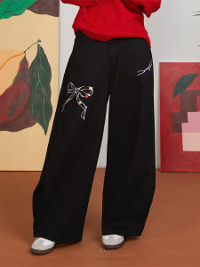 HHCH Original Design Vintage Color Block Butterfly Knot Pattern Embroidery Accordion Pleat Loose Straight Leg Long Pants