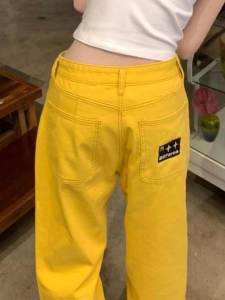 Spring Autumn Colorful Embroidery Womens Jeans Slim Straight Leg Yellow Trousers Fashionable Summer American Style