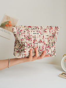 กระเป๋าเครื่องสำอางความจุขนาดใหญ่ กระเป๋าเก็บของแบบพกพา กระเป๋าใส่รองเท้า ผ้าฝ้าย ลายสก็อต กระเป๋าทรงถือแบบจีนแผ่นดินใหญ่