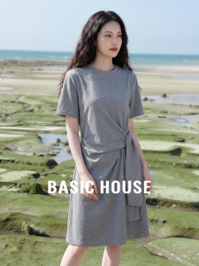 Basic House | Gray Twisted Waist Short Sleeve Dress