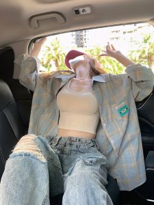 Korean Style Thin Plaid Long Sleeve Womens Sun Protection Shirt Autumn Winter Loose Outerwear Open Cardigan Shirt Coat