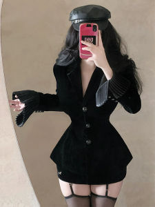 High Waist Plus Size French Style Stereo Clipping Womens Suit Jacket with Long Sleeves and Button Details Black Color Slimming Effect for Spring Season