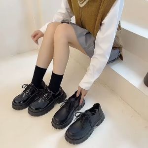 BESTPINK พื้นรองเท้าหนารองเท้าผู้หญิง สไตล์อังกฤษ รองเท้าหนัง สไตล์เกาหลีดีไซน์หัวกลมมีสไตล์ เพิ่มขึ้น 5 ซม