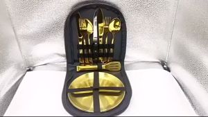 Portable Stainless Steel Knife Fork Spoon Gold For Couple 2 Person Outdoor Camping BBQ Plate Tableware 10-Piece Set CS09