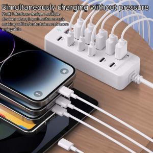 12 in 1 USB Fast Charger Hub 66W 6 USB-A + 6 Type C Multi Port 1M Extension Cables Adapter Socket for Home Office Phone Laptop