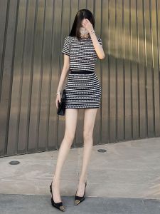 Elegant French Gentle Rich Girl Style Knitted Dress Set Autumn High Waist A-Line Short Sleeve round Neck Gored Skirt