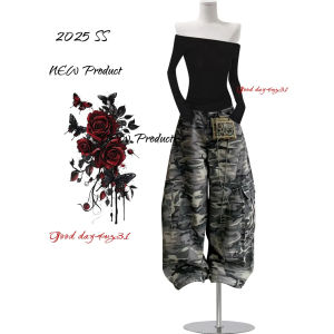 plus Size American Retro Camouflage Workwear Jeans Womens Loose Wide Leg Long Pants Street Style Fashionable Autumn New Arrival