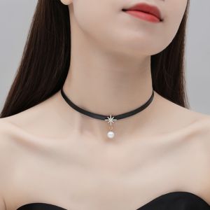 Eight-pointed Star Pearl Collar Womens Neck Strap Choker Short Neck Necklace Black Collarbone Chain 2022 New Trend Jewellery