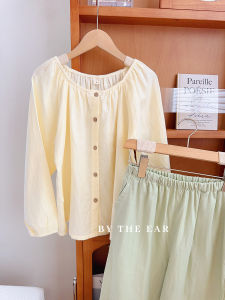 ชุดนอนผ้าฝ้ายสองชั้นแขนยาวสไตล์เกาหลี ชุดนอนสบาย ๆ ระบายอากาศได้ดี ชุดนอนผู้หญิง ชุดนอนฤดูใบไม้ผลิ ชุดนอนฤดูร้อน