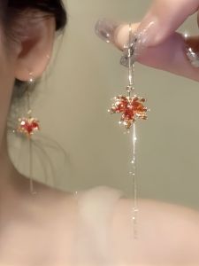 Red Zircon Maple Leaf Ear Wire New Chinese Style Elegance Womens Fashion Jewelry Accessories Handmade Crafted Alloy Ear Decor